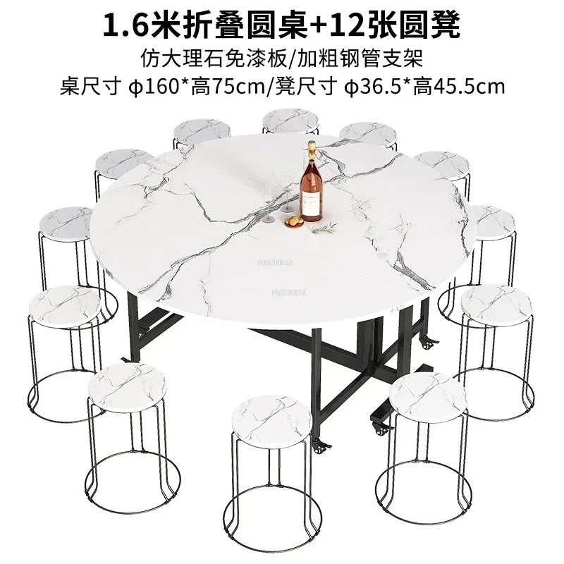 Home Folding Dining Table Set with Chairs Mobile Round Furniture Modern Kitchen Living Room Light Luxury Simple Portable