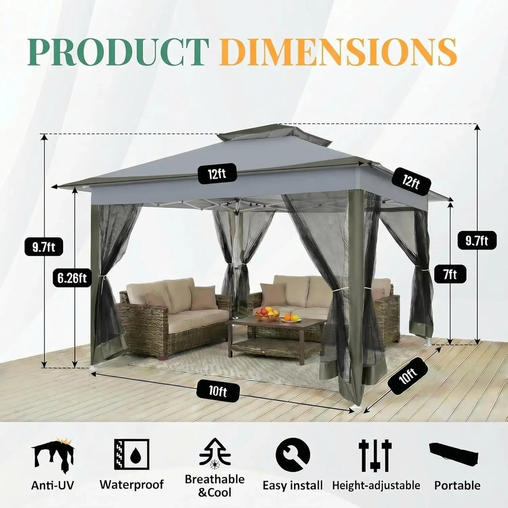 11x11 Pop Up Gazebo with Netting, Canopy Tent, Gray