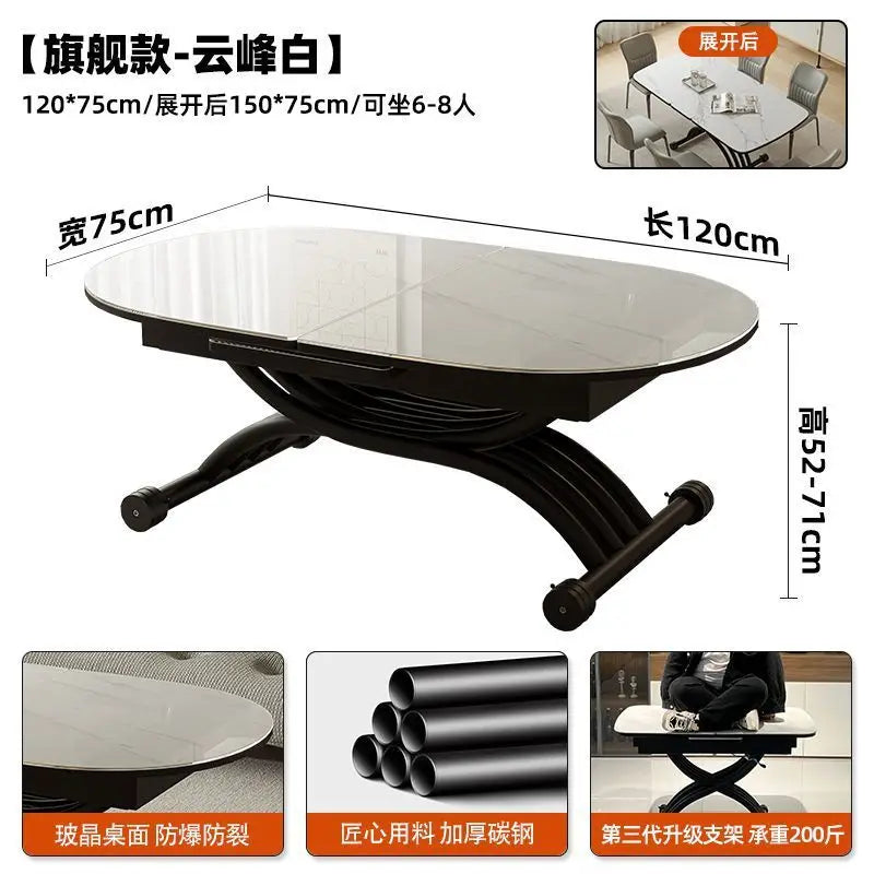 Black light luxury rock slab lifting coffee table dining  dual-purpose retractable mobile dining