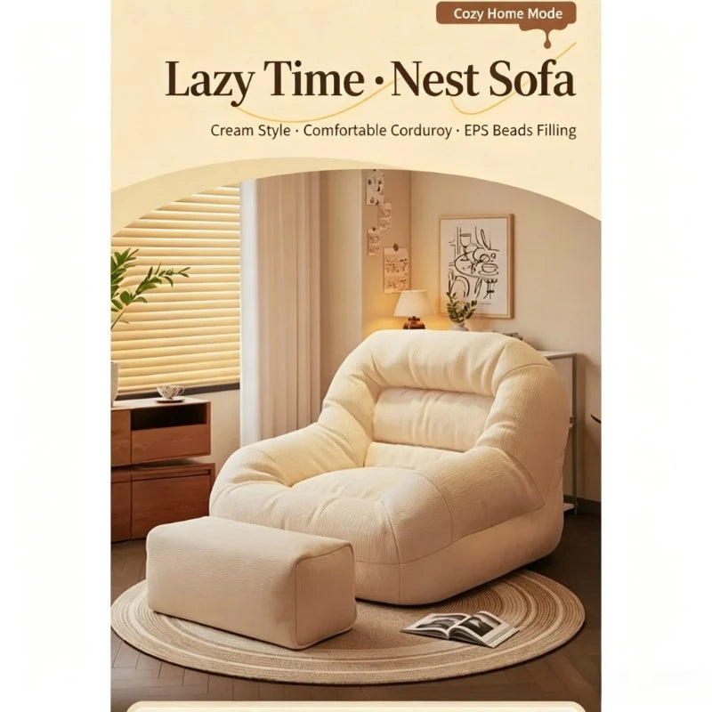Olive Green Corduroy Bean Bag Sofa – High-Density Filling for Bedroom & Living Room Relaxation
