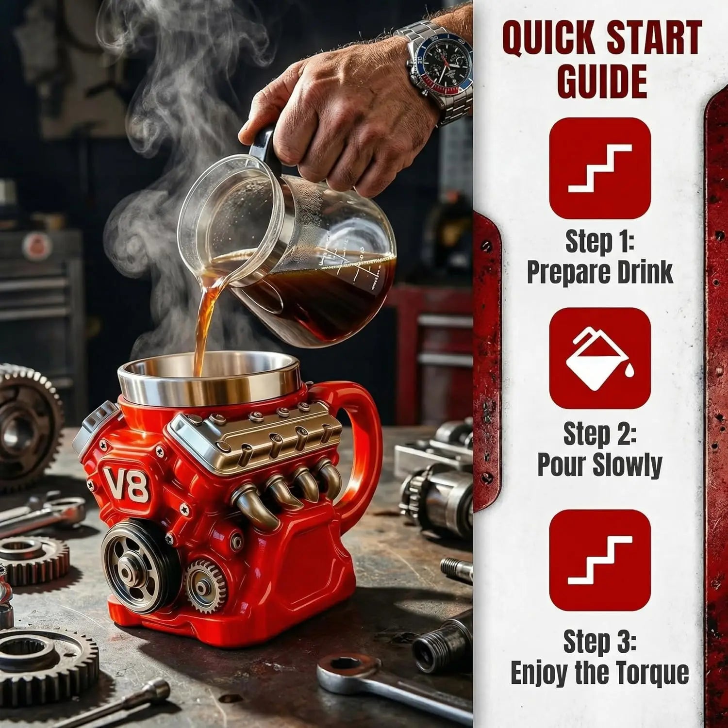 Retro V6 V8 Engine Coffee Mug Personalized Stainless Steel Wall Insulation Mug for Men Xmas New Year Gifts Home Office Use