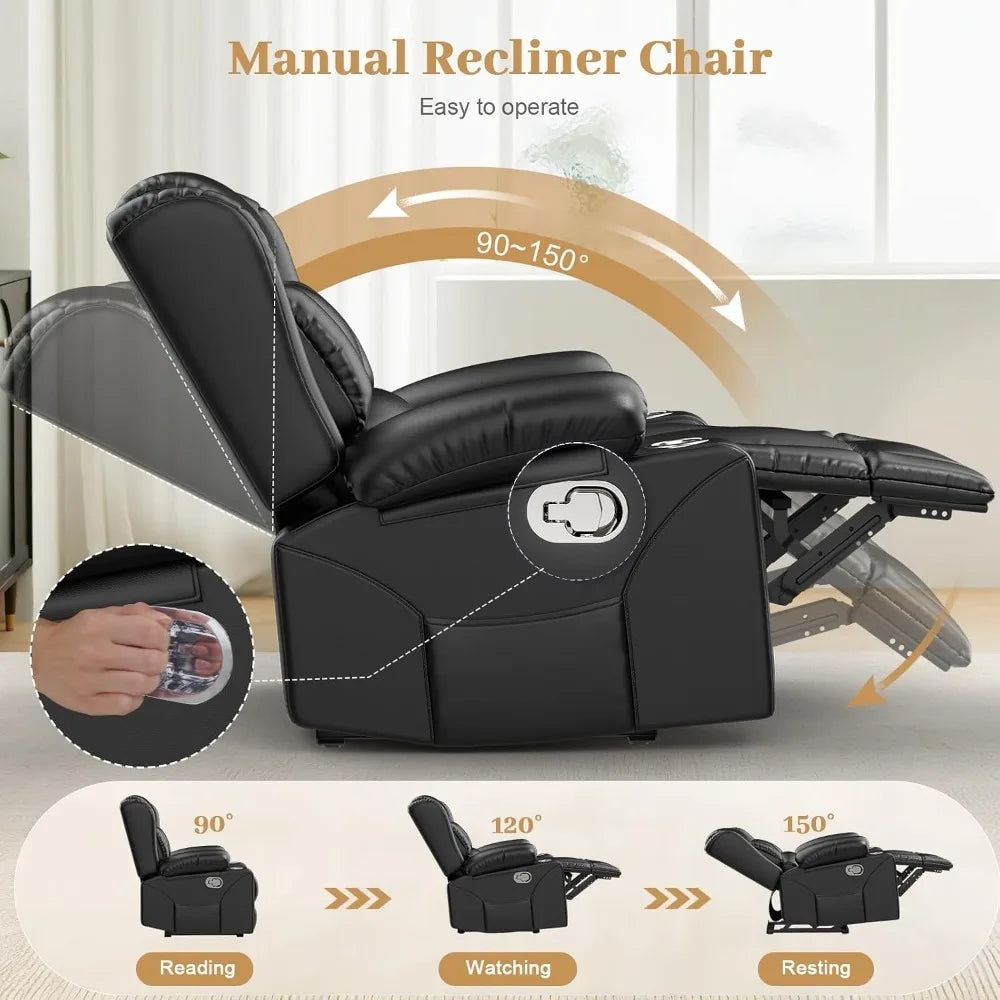 Oversized Manual Recliner Chair with Cup Holder & Storage, Single Reclining Sofa for Living Room Home Theater RV