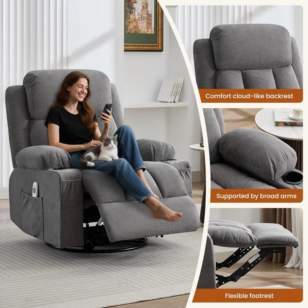 Swivel Rocker Recliner with Massage, Heat, USB, Cup Holders & Side Pocket for Living Room, Customized