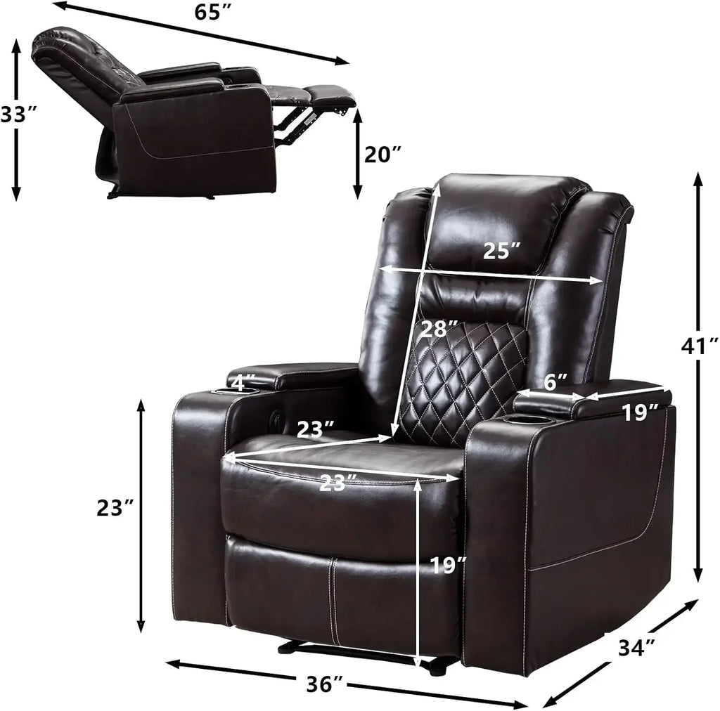 Electric Power Recliner Chair with USB Ports and Cup Holders, Breathable Leather Home Theater Seating with Hidden Arm Storage