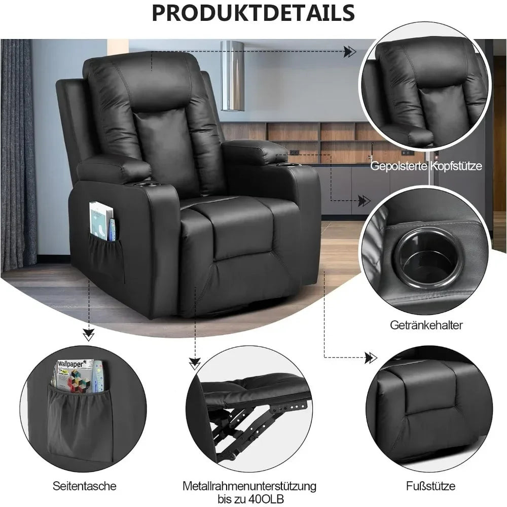 Leather Recliner Chair Modern Rocker with Heated Massage Ergonomic Lounge 360 Degree Swivel Single Sofa Seat with Drink Holders