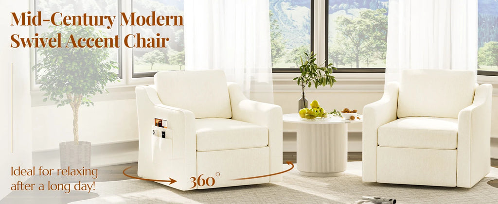 360° Swivel Accent Chair Set of 2, Large Comfy Reading Chairs, Accent Square Single-seat Armchair Upholstered Sofa