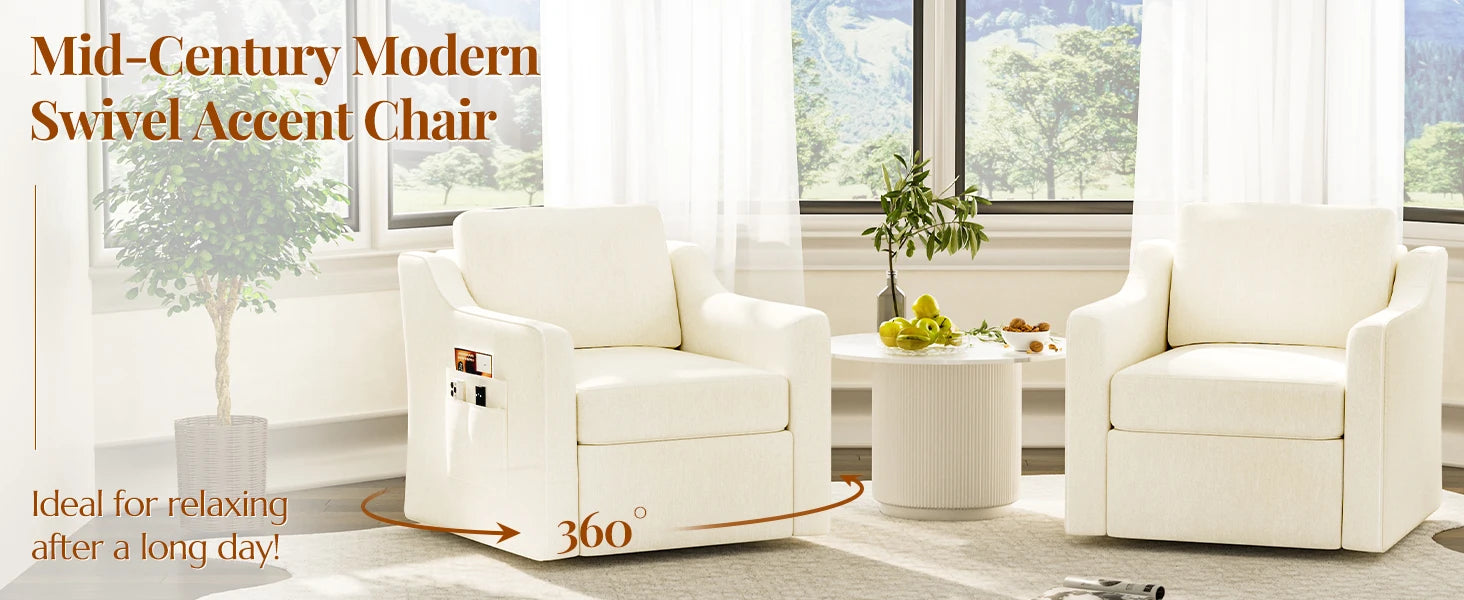360° Swivel Accent Chair Set of 2, Large Comfy Reading Chairs, Accent Square Single-seat Armchair Upholstered Sofa