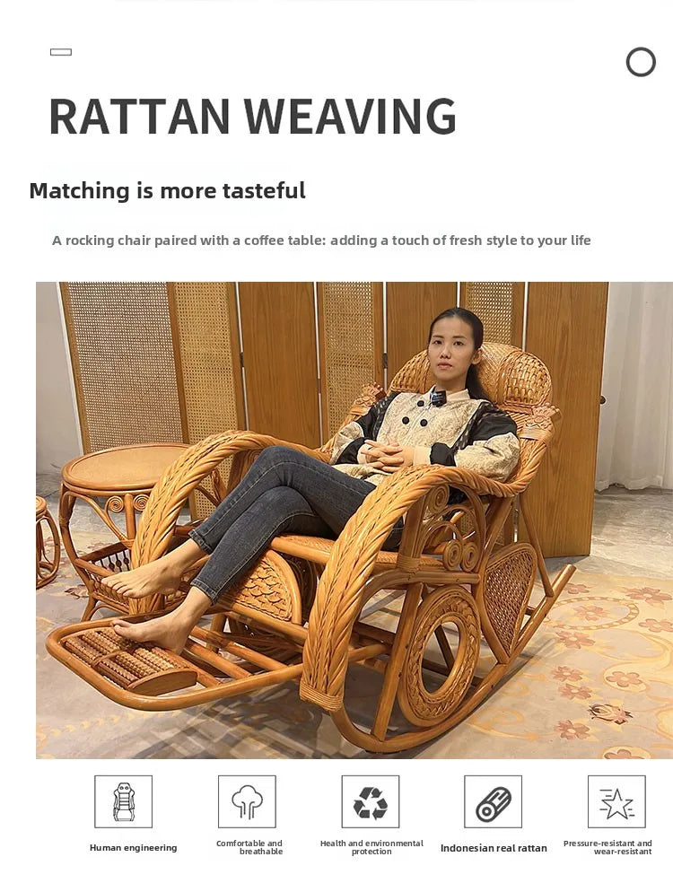 Rattan Chair Casual Rocking Chair Natural Real Rattan Recliner Balcony Rocking Chair Adult