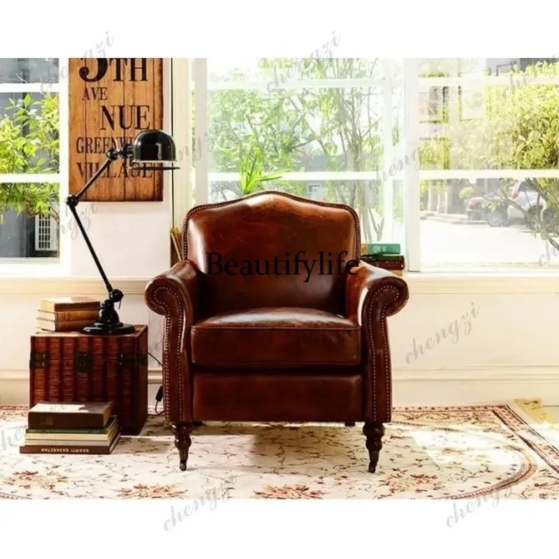 F181 American retro leather art sofa single leather office study boss chair living room sofa