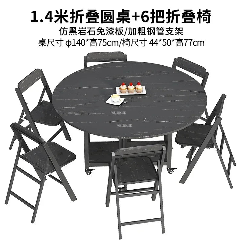 Home Folding Dining Table Set with Chairs Mobile Round Furniture Modern Kitchen Living Room Light Luxury Simple Portable