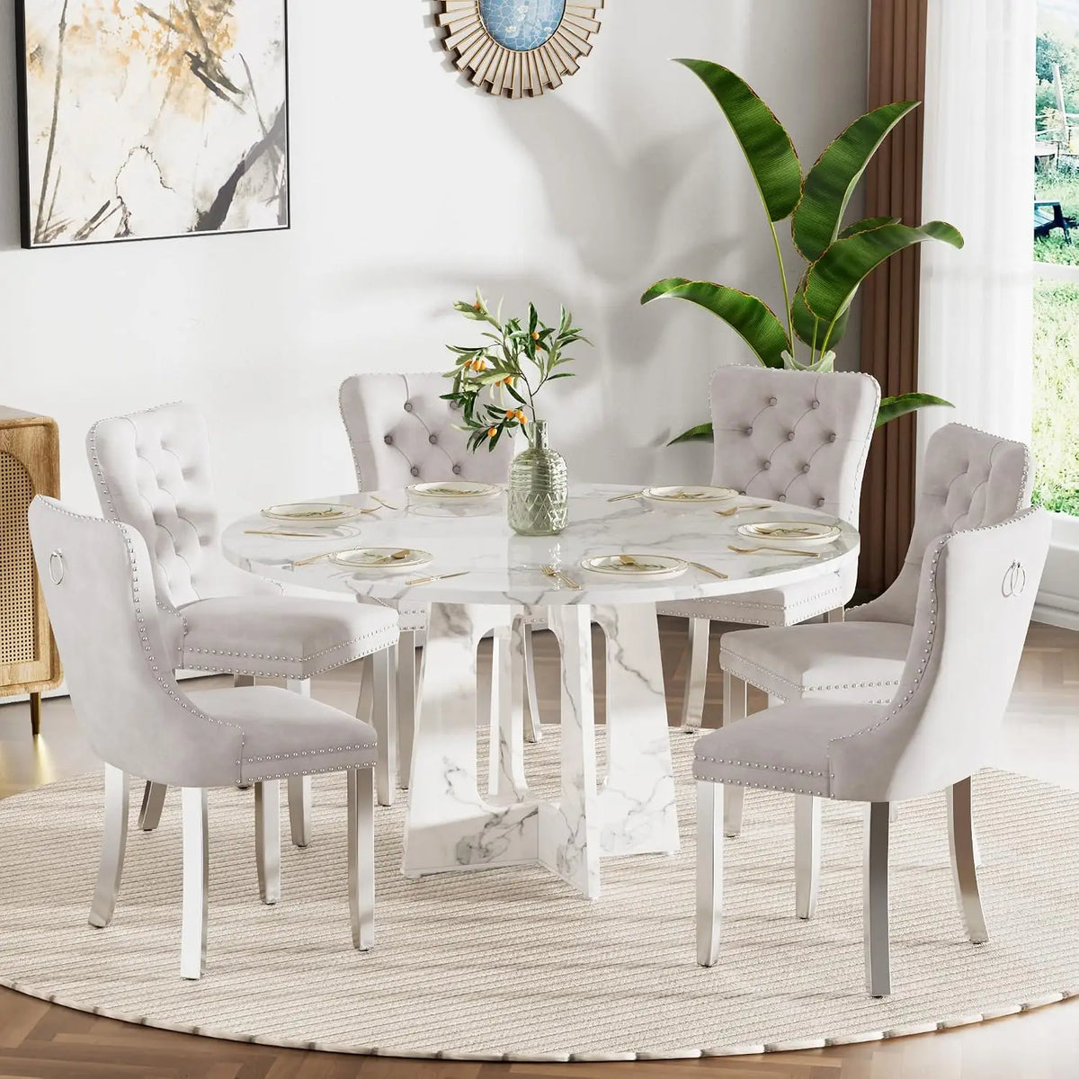 47" Round Farmhouse Dining Table Set, White Faux Marble with 4 Blue Velvet Chairs, Wooden Kitchen & Dining Furniture, Customized