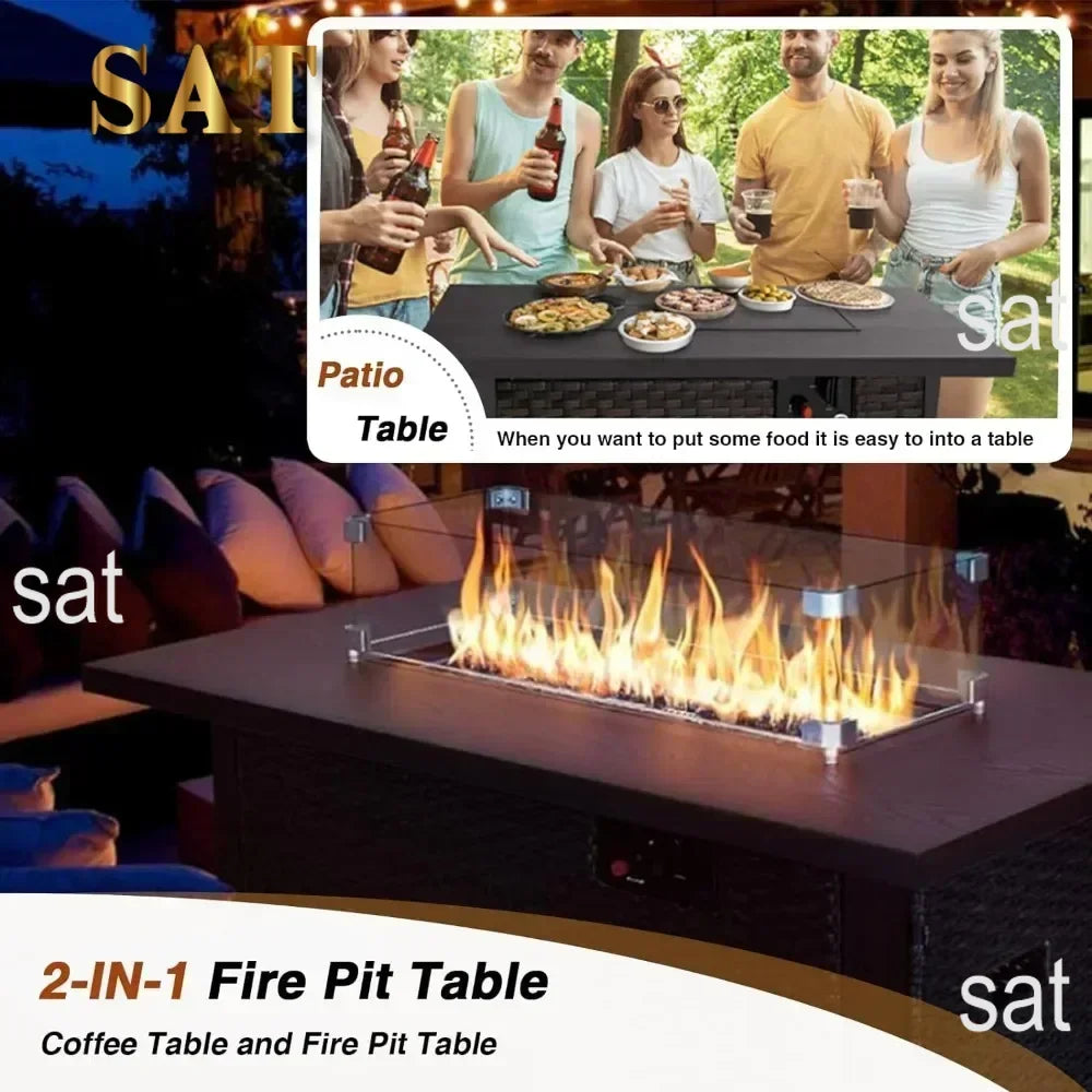 /Garden Furniture 7 Pie Set with Fire Pit Table, Rattan Outdoor Patio Sectional Conversation Furniture Sets WSeat Cushions