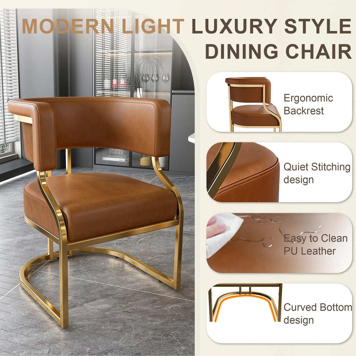 Modern Dining Chairs Set Of 2 With Gold Metal Legs, PU Leather Upholstered Kitchen Chairs, Brown