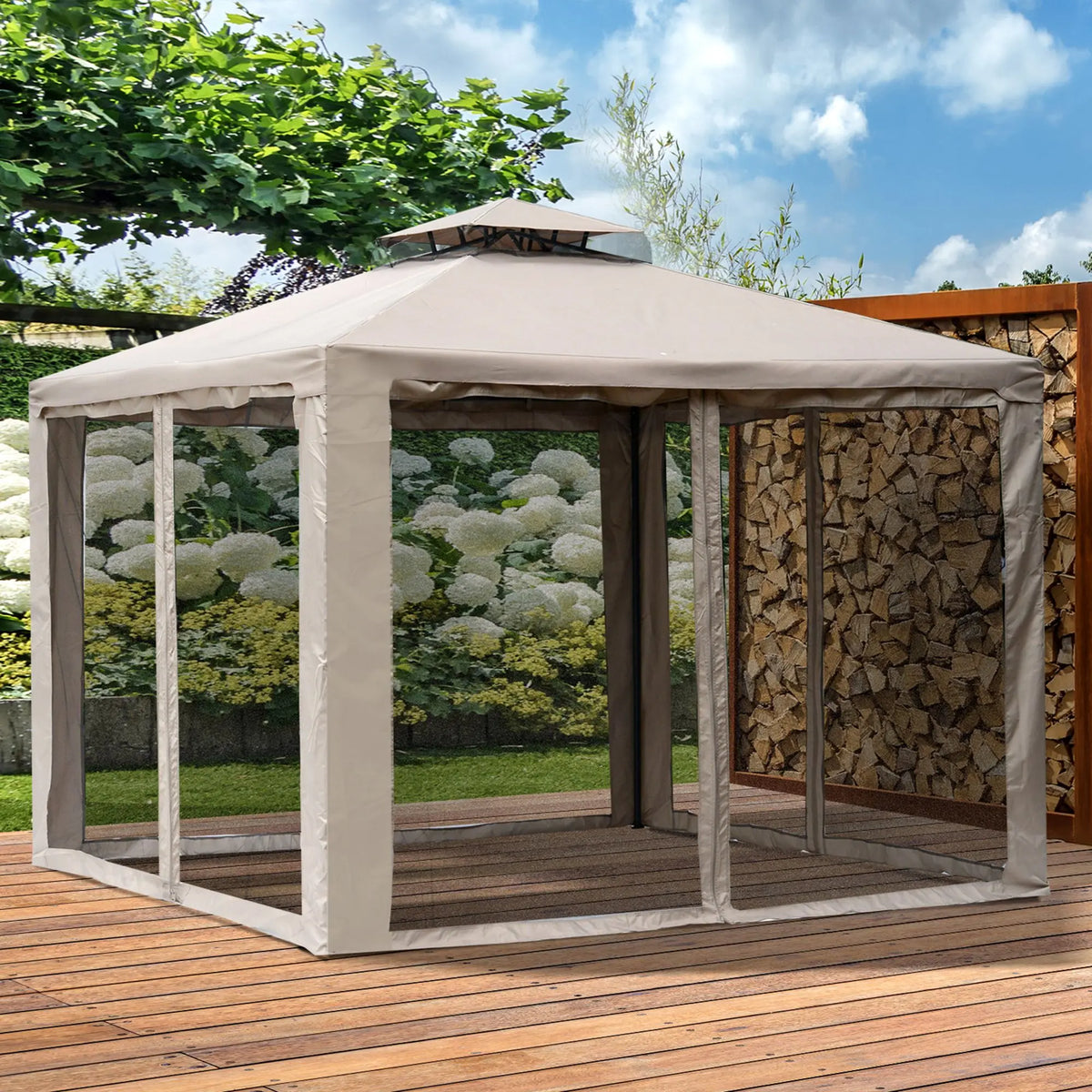 9.6' X 9.6' Outdoor Patio Gazebo Canopy Tent with Two-Tiered Roof, Taupe