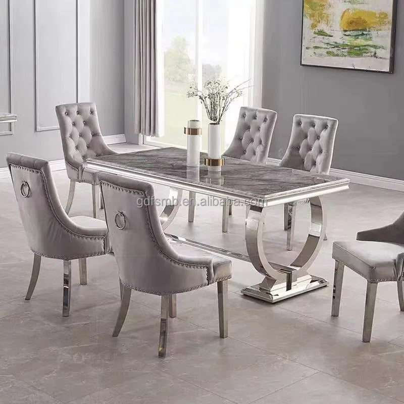 Italian Furniture Luxury Dining Table Set 4 6 8 Chairs Restaurant Dining Table and Chair Set Stainless Steel Marble Dining Table