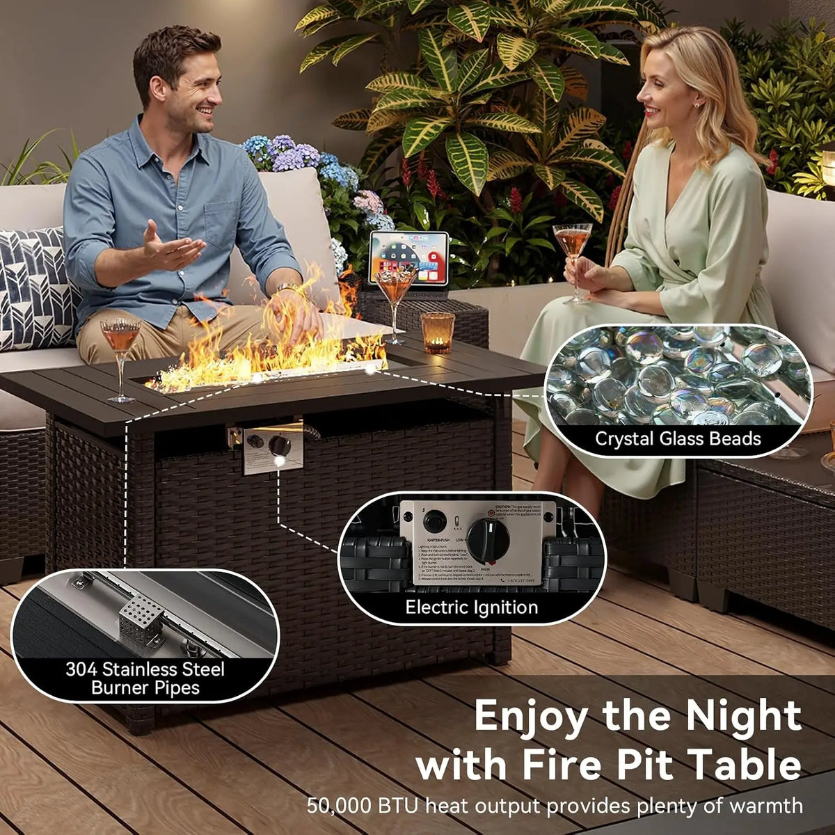 Outdoor Patio Furniture Set 44in Fire Pit Table 7 Pcs Sectional 4in Cushion Widen Armrests Wicker Backyard Grey, Customized