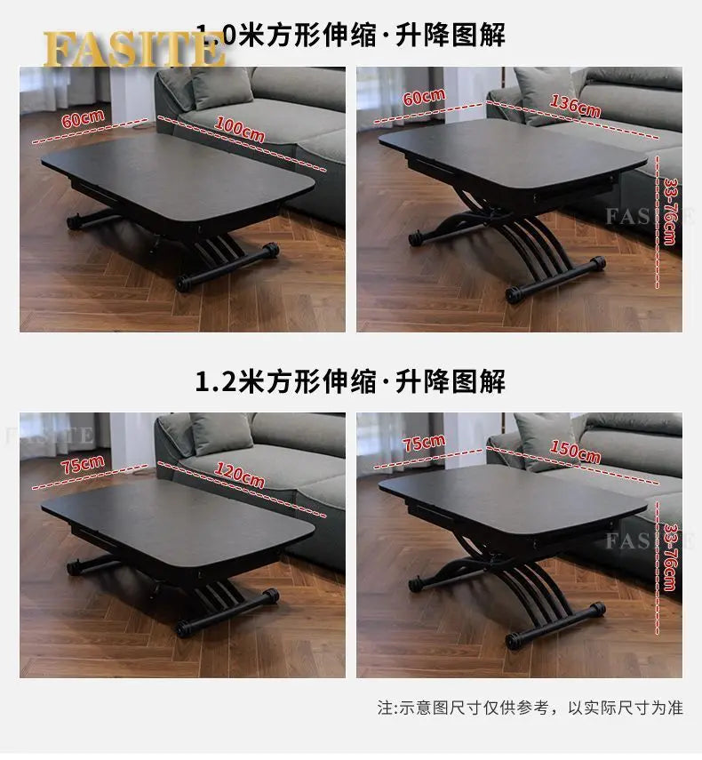 Black light luxury rock slab lifting coffee table dining  dual-purpose retractable mobile dining