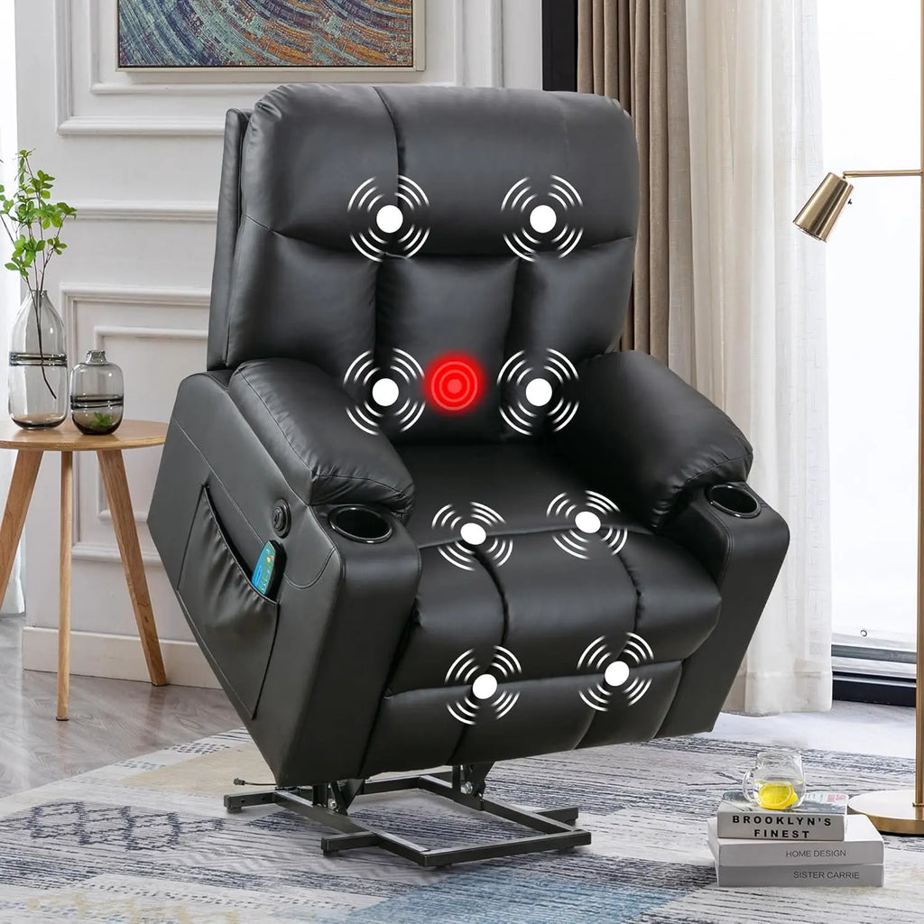 Electric Power Lift Recliner Chair with Massage Heat for Elderly, 3 Positions, USB, Cup Holders, Faux Leather