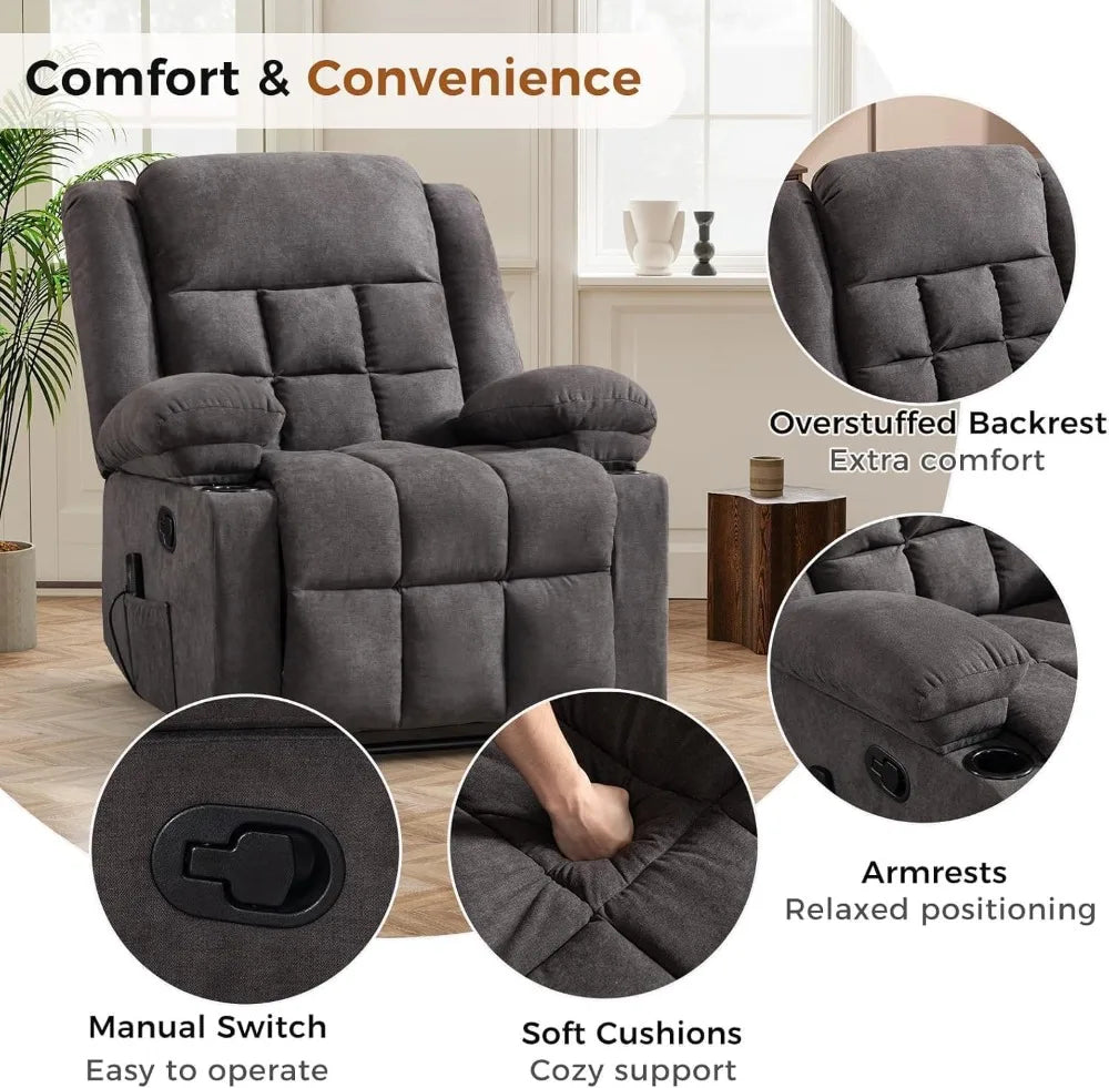 Manual massage heated adult recliner, armchair with two cup holders and side pockets, living room recliner sofa, gray