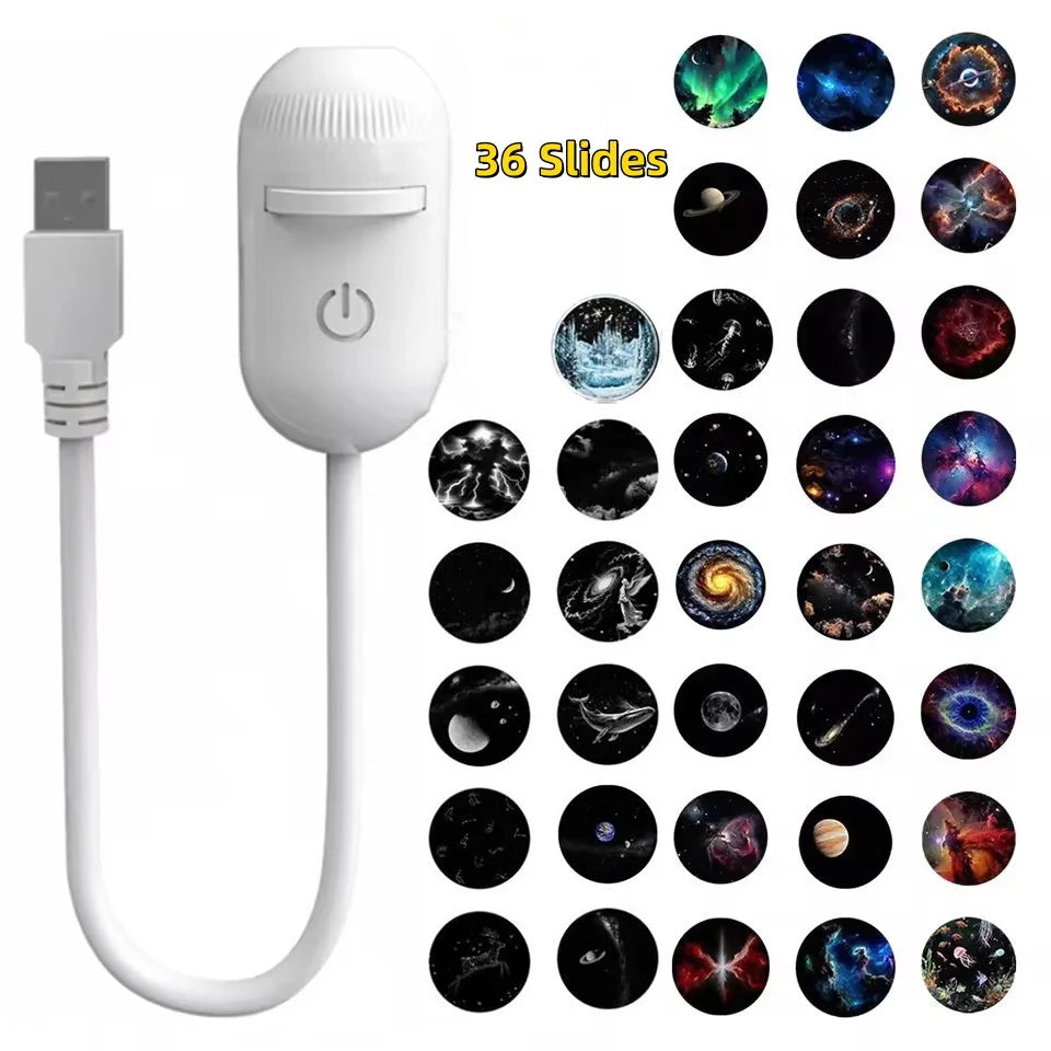 Mini USB Bedside Night Light Projection Ambient Light 36 Slides Galaxy Starry Sky Projector Lamp for Home Room Decor Kids Gifts