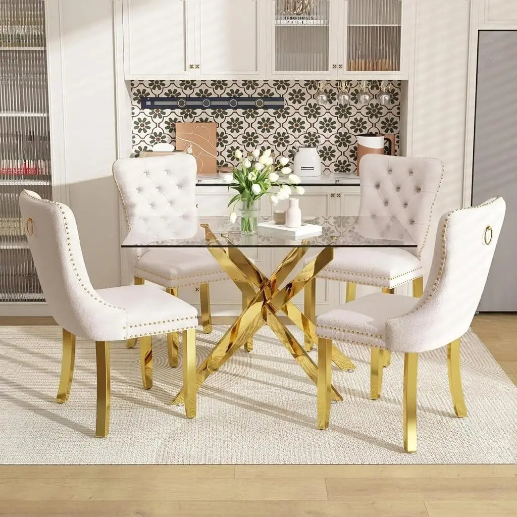 51" Glass Dining Table Set for 4, Grey | Tempered Glass Top, Silver Metal Legs, Velvet Chairs, Modern Dining Room Set, Custom