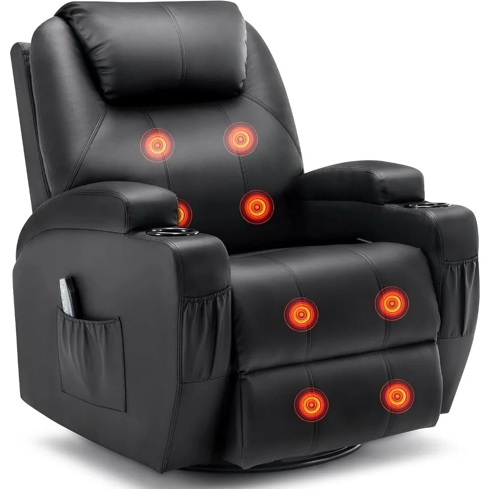 Massage and Heat Recliner Chair, 360° Swivel, Manual, Remote Control, Cup Holder for Living Spaces