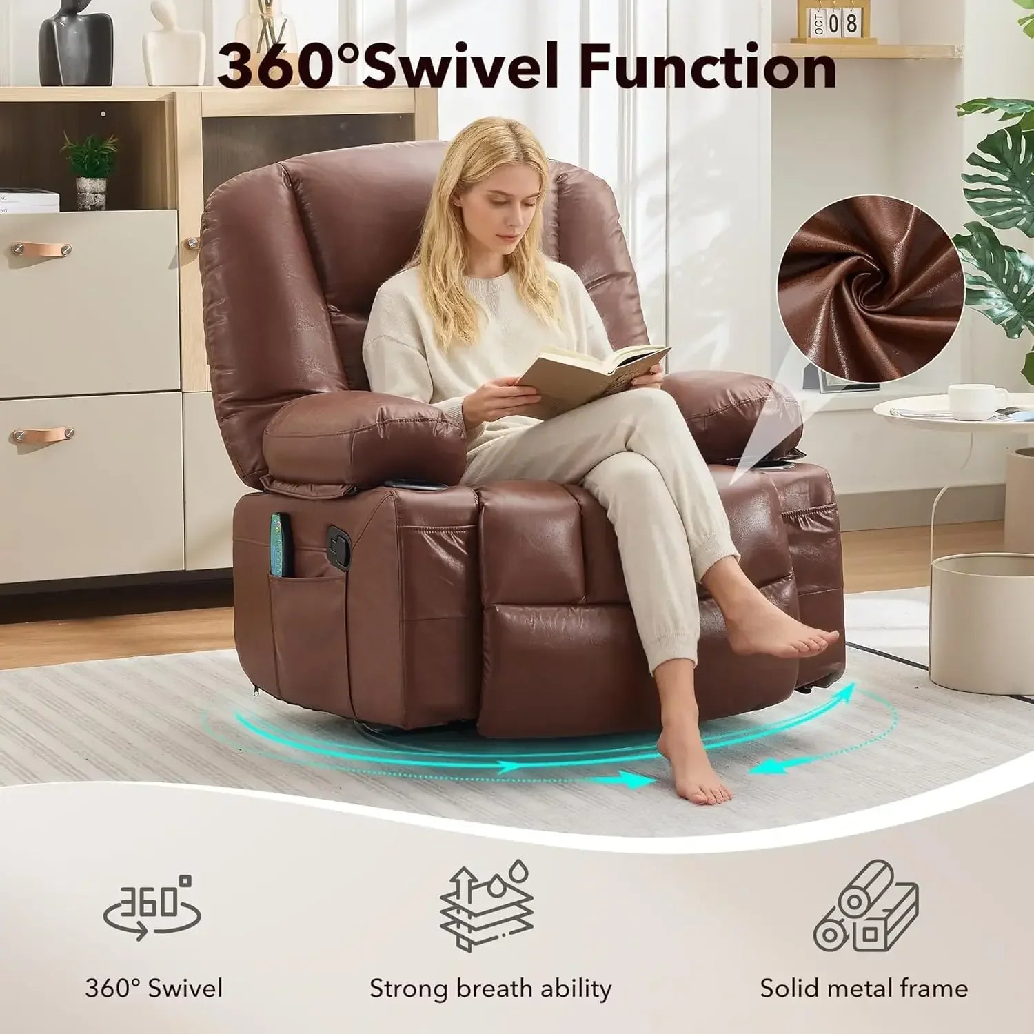 Brown 360 Swivel Rocker Heat Vibration Massage Oversized Wide Recliner PU Leather Manual Adult Chair With Cup Holders Side Pocke