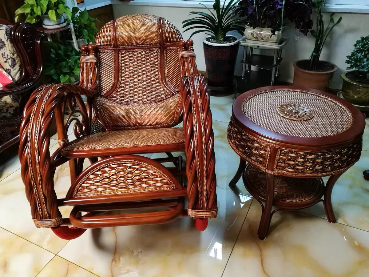 CZ Rocking Chair Hanging Basket Natural Real Rattan Plant Woven Relaxing Leisure Recliner