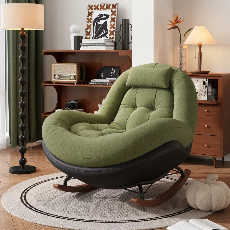 Cozy Button Tufted Rocking Leisure Chair, Curved Wrap-around Chenille Padded Single Recliner Sofa Chair With Wooden Rocking