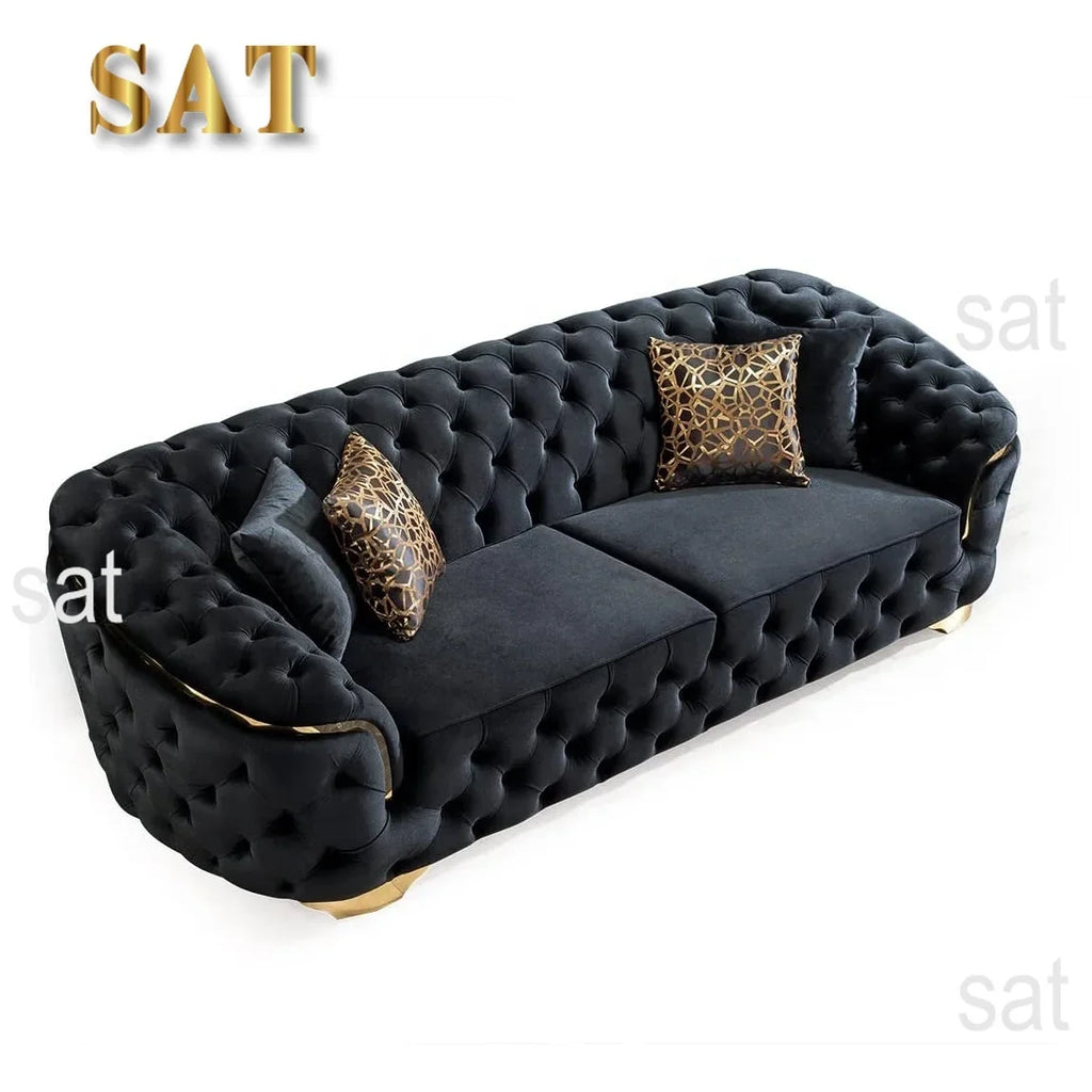 A Light Luxury Living Room Black Velvet 2 Seater Sofa With Gold Leg Upholstered Tufting Loveseat Lounge Sofas Couch Sets