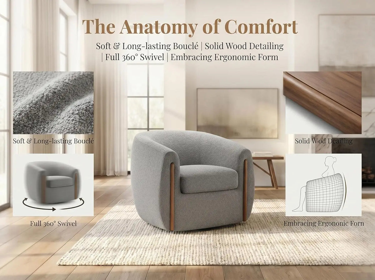 Aspen Bouclé Swivel Barrel Chair with Wood Accents – 360° Rotating Accent Armchair, High-Density Foam Cushioning,, Customized