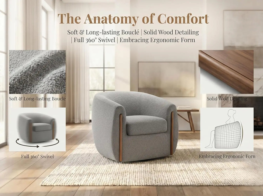 Aspen Bouclé Swivel Barrel Chair with Wood Accents – 360° Rotating Accent Armchair, High-Density Foam Cushioning,, Customized