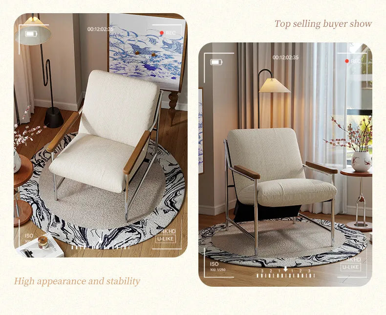 Modern Luxury Cream Fabric Lounge Chair, Comfy Designer Single Sofa Accent Chair for Living Room Bedroom Balcony HotelGuesthouse