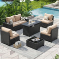 Outdoor Patio Furniture Set 44in Fire Pit Table 7 Pcs Sectional 4in Cushion Widen Armrests Wicker Backyard Grey, Customized