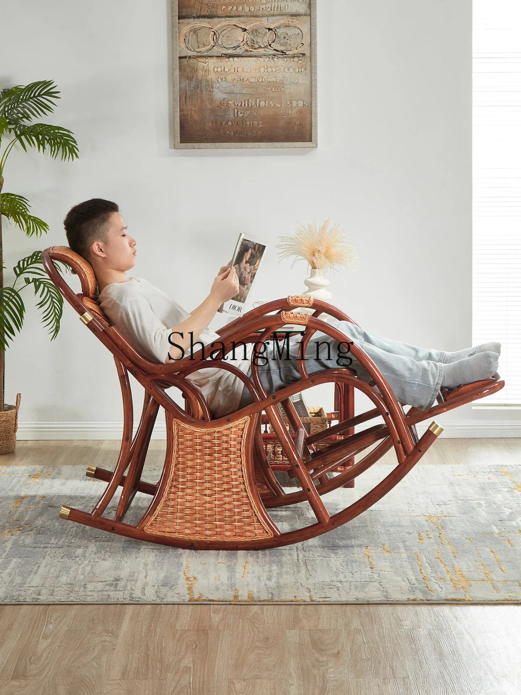 CL free balcony natural real rattan rocking chair lunch break classical single sofa