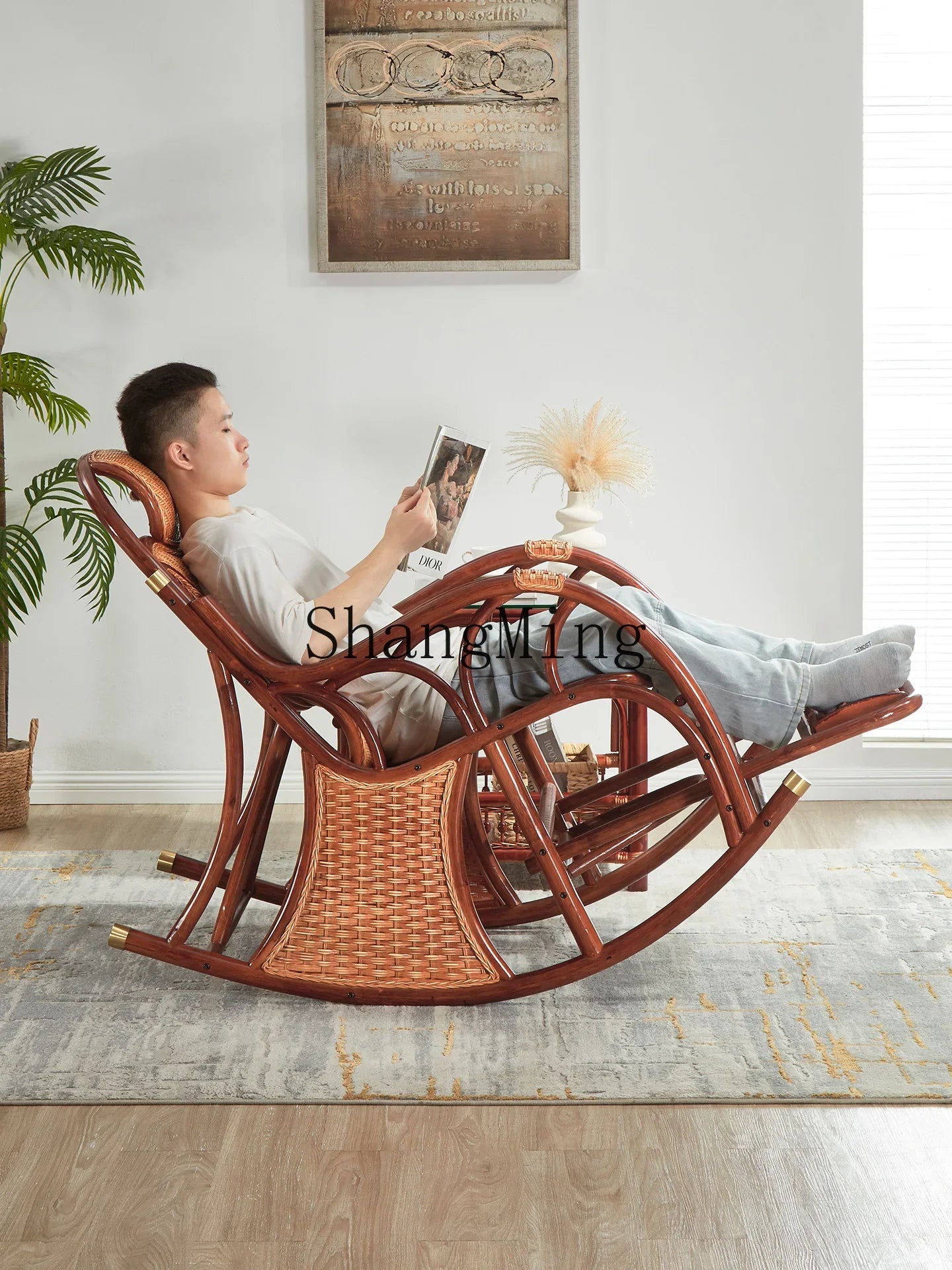 CL free balcony natural real rattan rocking chair lunch break classical single sofa