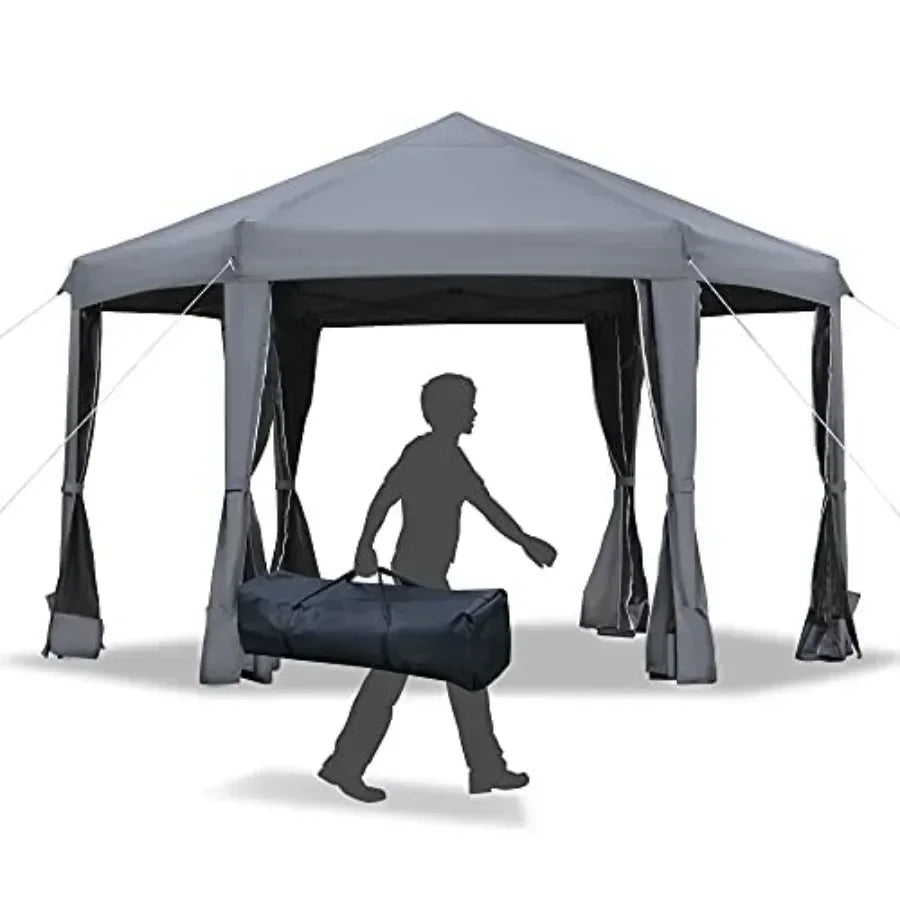 13' x 11' Hexagonal Pop Up Gazebo Heavy Duty Outdoor  Tent with 6 Mesh Sidewall Netting 3-Level Adjustable Height and Strong St
