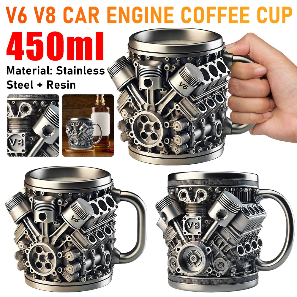 450ml Coffee Mug Handmade Engines Stainless Steel Large Capacity Coffee Cup Funny 3D V8 Engines Design Tea Cup For Car Lovers