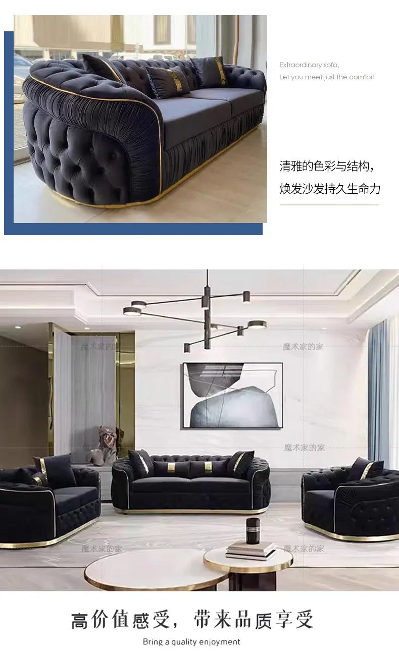 Luxury Chesterfield Sectional Sofa Set with Cloth Buttons and Fabric Modular Couch with Gold Stainless Steel Base, 3-seater Sofa