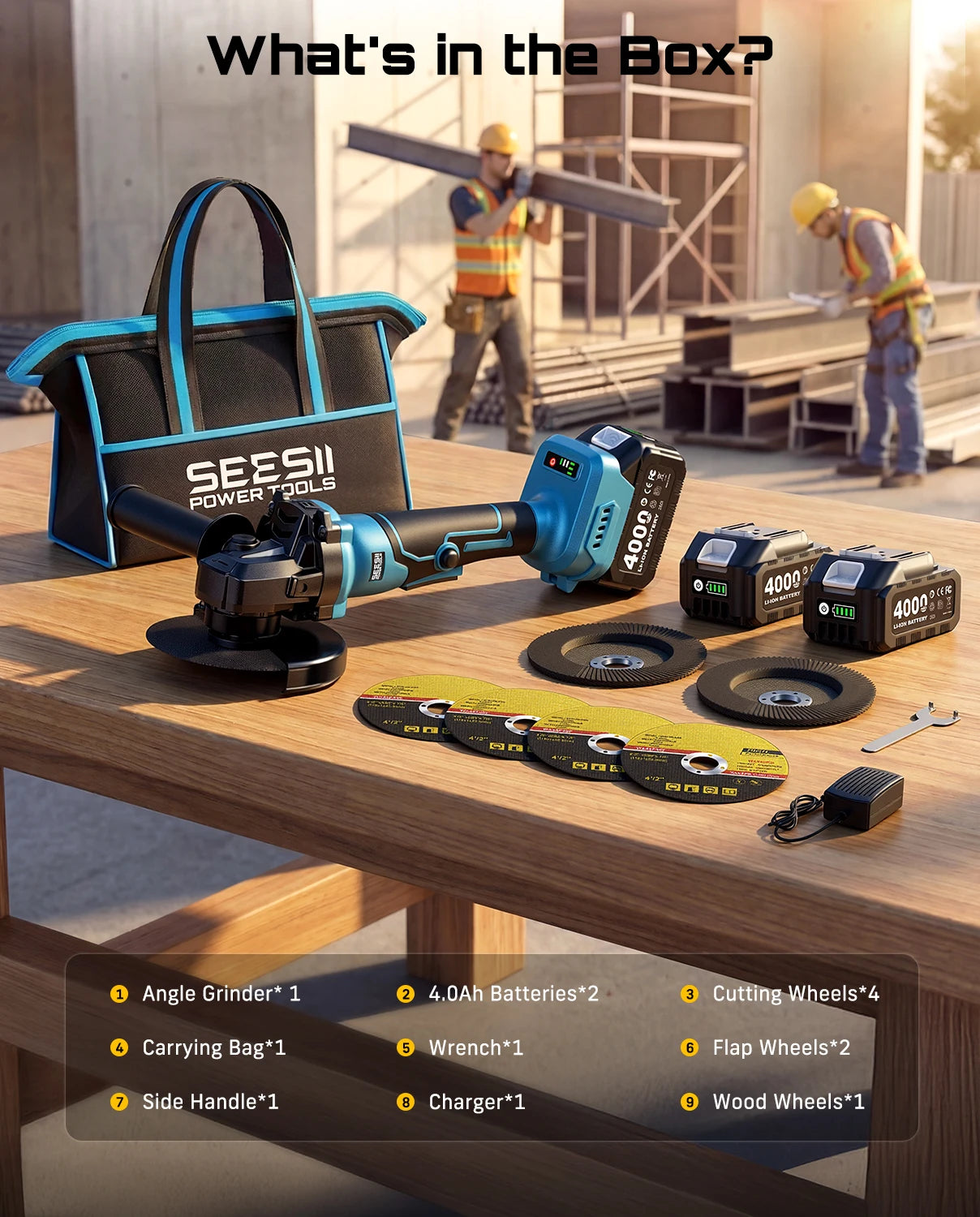 SEESII Angle Grinder Tool Cordless Brushless 4 1/2 Inch Variable Speed Settings 10000RPM Handheld Electric Power Tool with Cutting Wheels and Flap Wheels 4.0 Battery