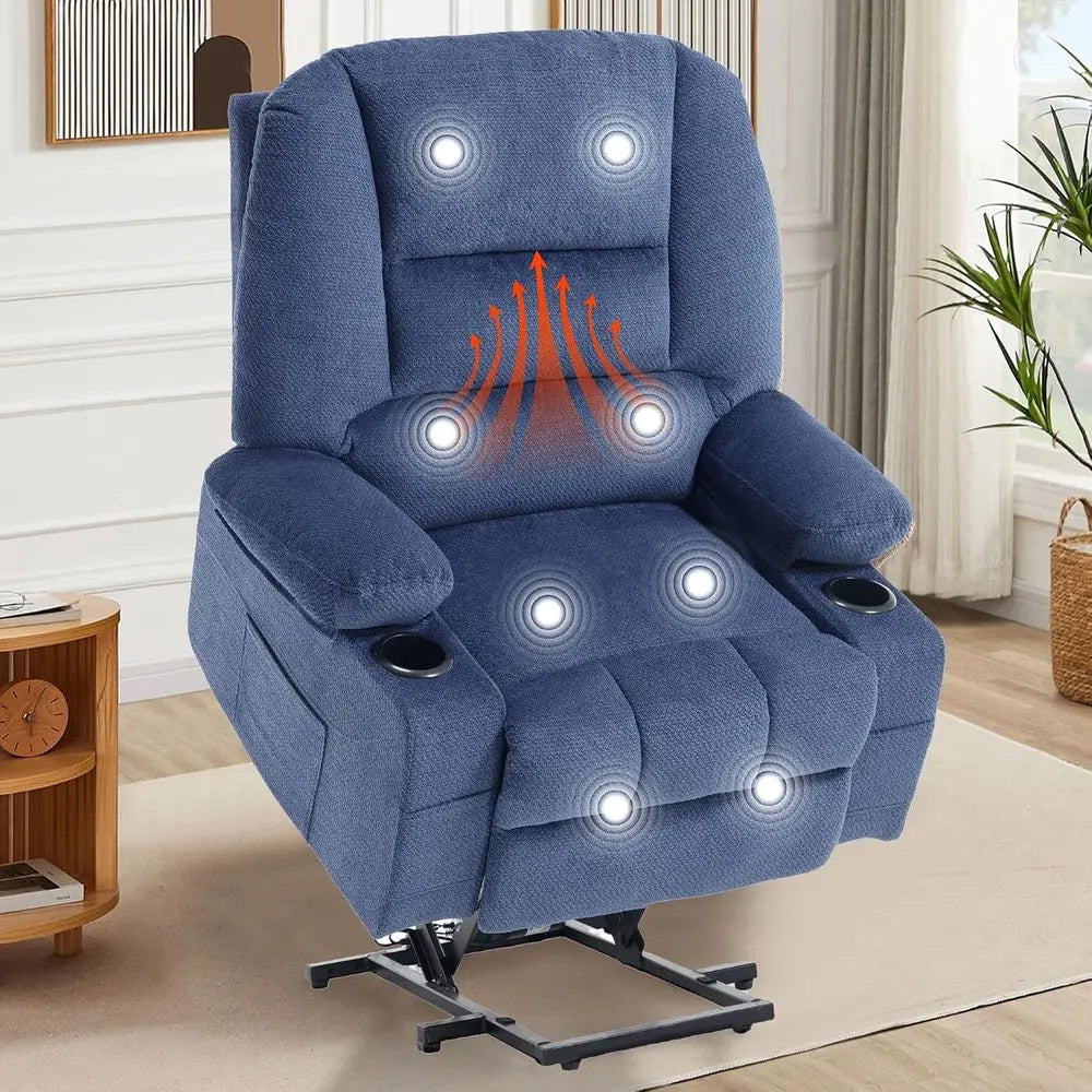Electric Recliner Chair with Cup Holder, USB Port, Fabric, Power-Lift, Heat, and Massage, Ideal for Seniors, Blue