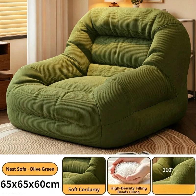 Olive Green Corduroy Bean Bag Sofa – High-Density Filling for Bedroom & Living Room Relaxation