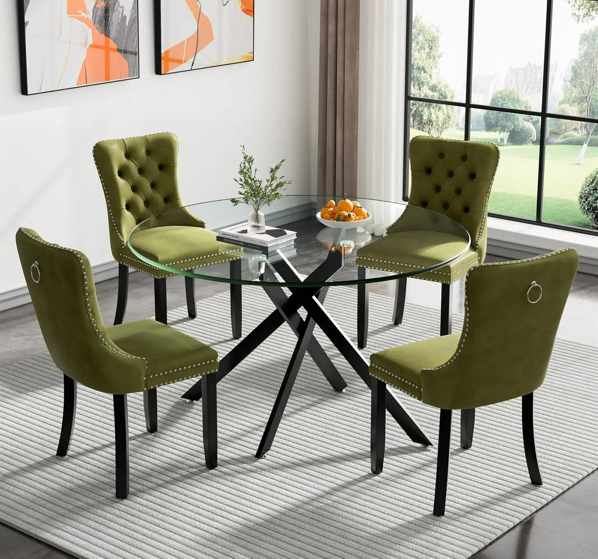5-Piece Round Glass Dining Table Set for 4, 47.2" Circle Table with 4 Tufted Chairs for Kitchen Home Office, Customized