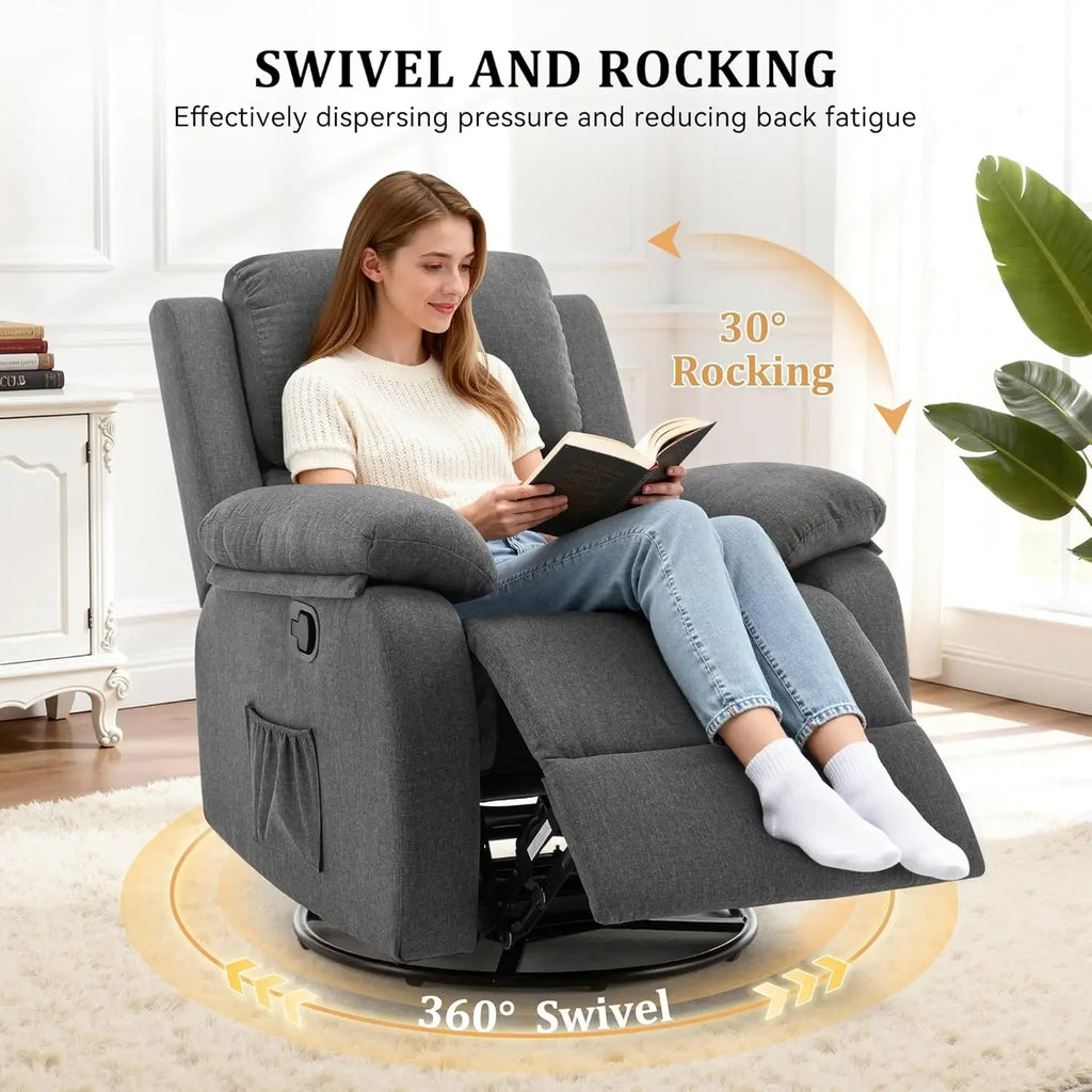 Recliner Chair, 360 Swivel Rocker Chair for Adults, Small Rocking Recliner for Small Spaces, Upholstered Fabric Glider Recliner