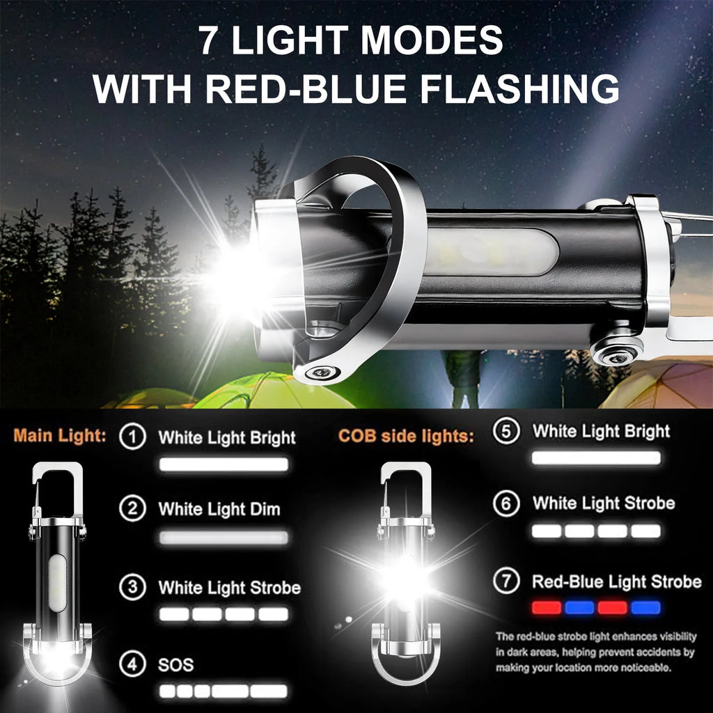 Buy One Get One Free, Total Of 2pcs. Multifunctional Solar LED Flashlight with COB Side Light, USB Rechargeable Handheld Searchlight with Power Display, Portable Emergency LanternFor Camping, Hiking, Father'S Day Gift
