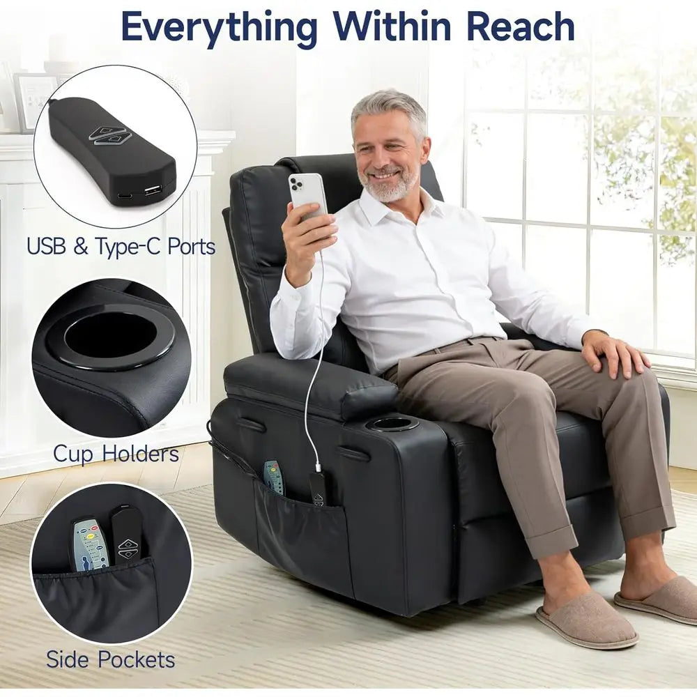 Power Lit Recliner Chair or Elderly with Massage & Heat, PU Leather Electric Recliner with USB Charge Port, 160° Adjustable Recl