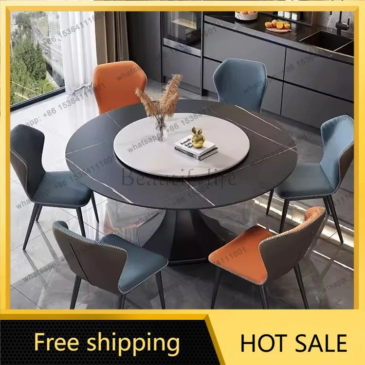 PG Italian minimalist light luxury rock slab bright dining table modern simple round table with turntable high-end dining table