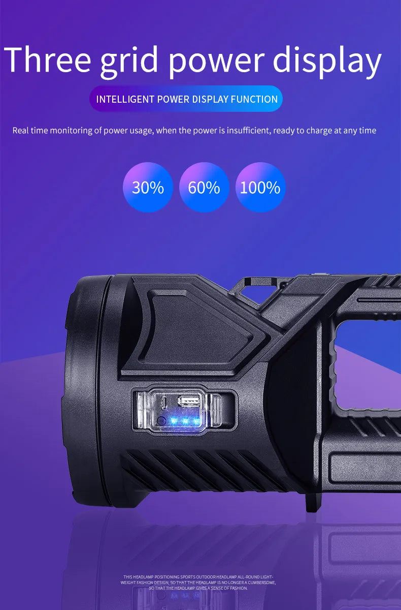 Portable Powerful Searchlight with Large Capacity Lithium Battery Rechargeable Handheld Flashlight Featuring Power Bank Function
