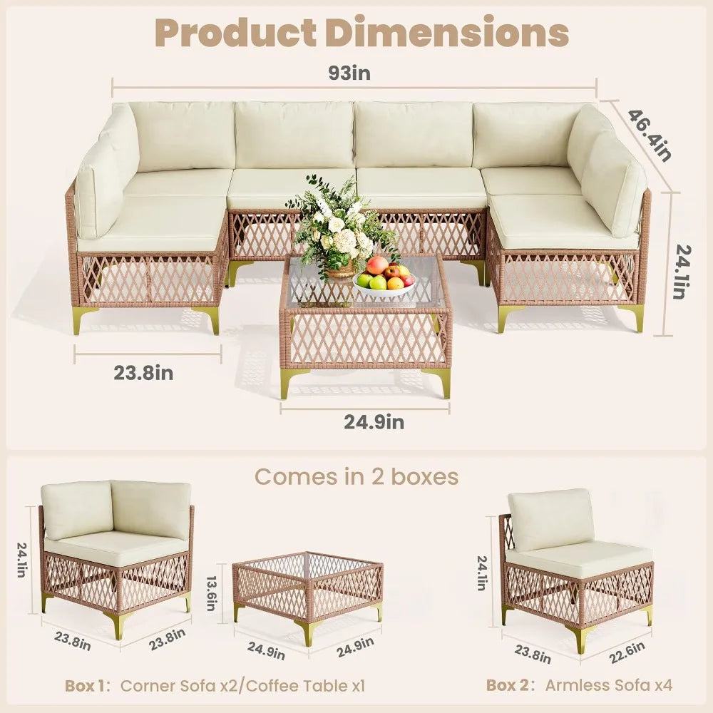 7-Piece Wicker Outdoor Sectional Sofa Patio Set with Washable Cushions & Glass Table, All-Weather for Backyard & Porch, Custom