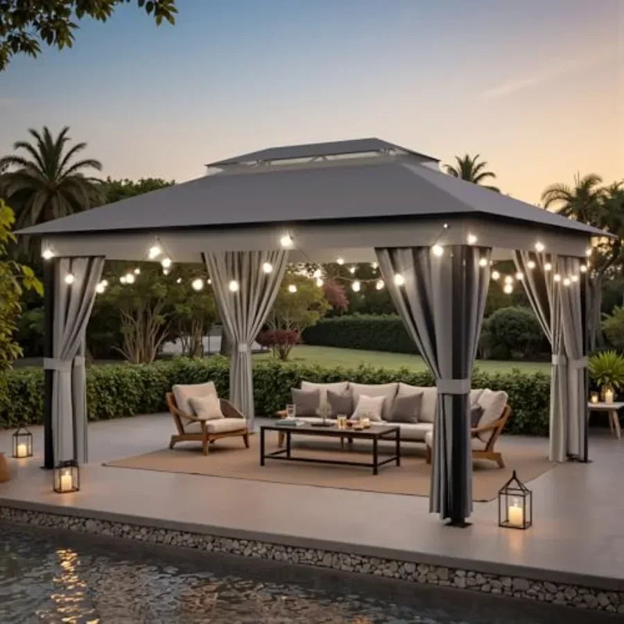 Outdoor Gazebo for Patio 10'x 13' Heavy Duty Metal Fe  with Expansion Bolts Double Roofs Party Tent Shelter with Mosquito Netti